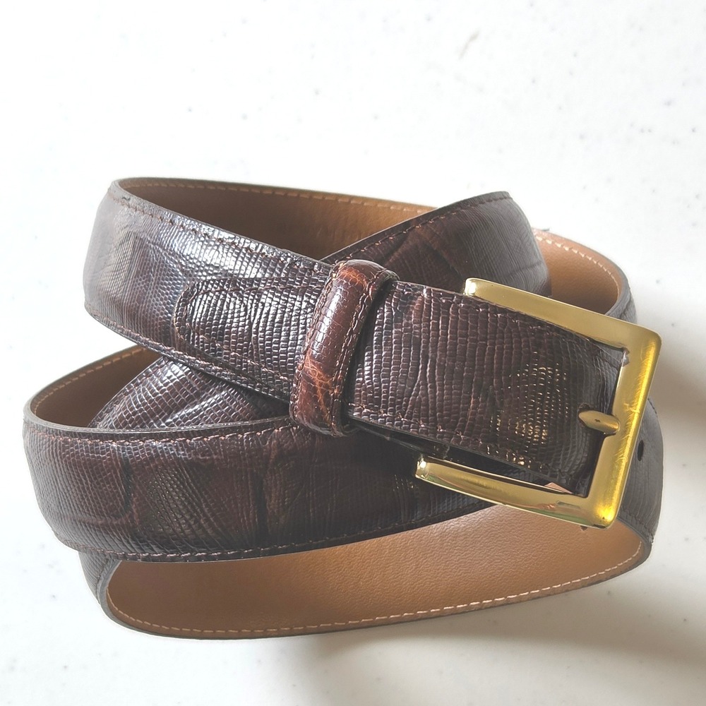 Mens Wearhouse Brown Italian Leather Lizard Embossed Belt Solid Brass 46